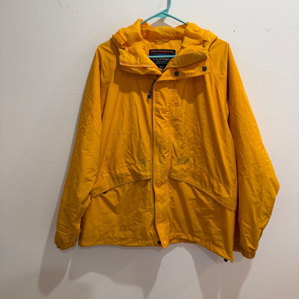 LL Bean Mens Large Yellow Hooded Rain Jacket Windbreaker 0AF70 Outdoor Outfitter